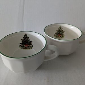 Pfaltzgraff White Cups / Coffee Mugs with Christmas Tree Design. Set Of 2